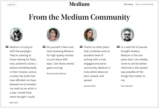 Medium’s landing page features testimonials