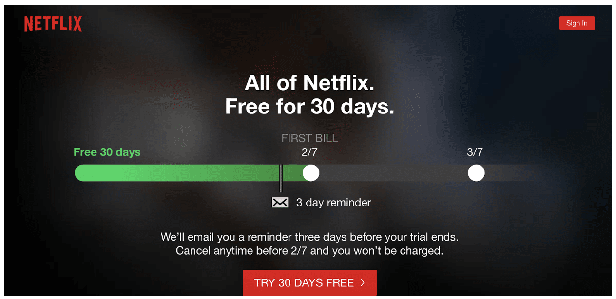 Netflix 30 days free offer page