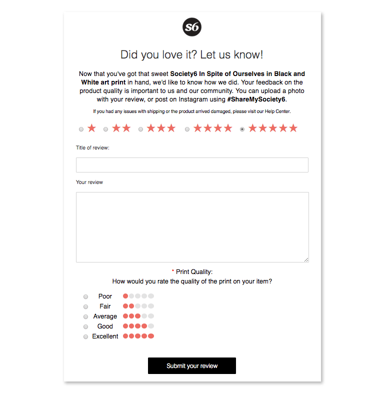 Society6 - ask customer reviews