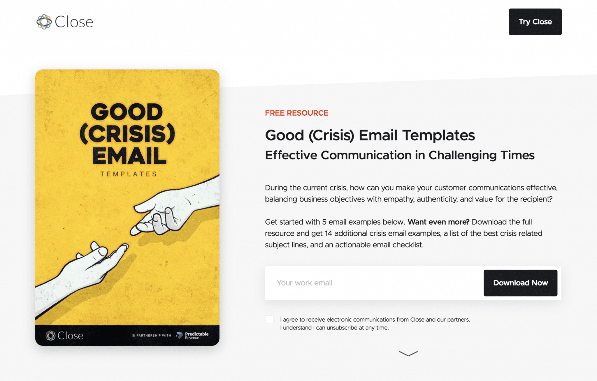 close email landing page