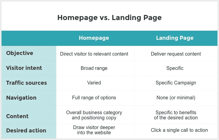 Homepage vs landing page comparison