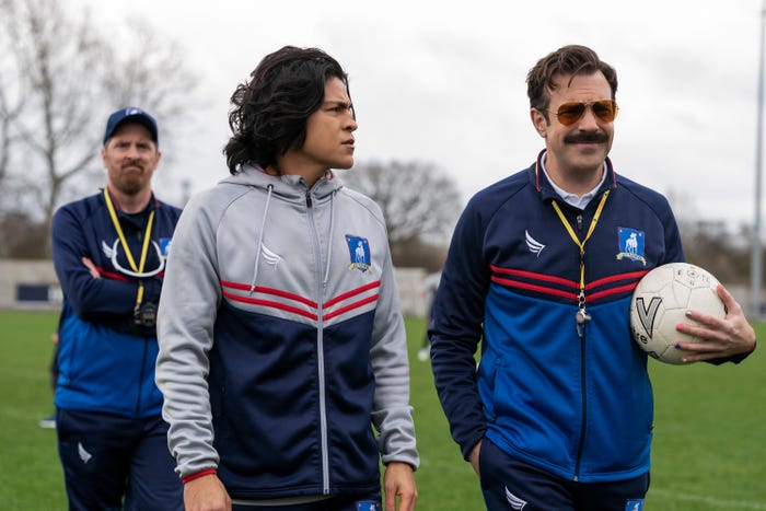 A picture of Brendan Hunt, Cristo Fernández and Jason Sudeikis in “Ted Lasso."